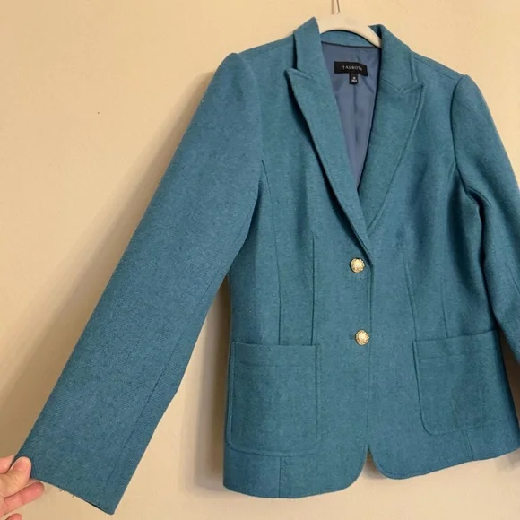 Talbots Jacket Blazer Teal Career Lined Gold Crest Buttons Wool Blend Size 10 - Picture 6 of 16